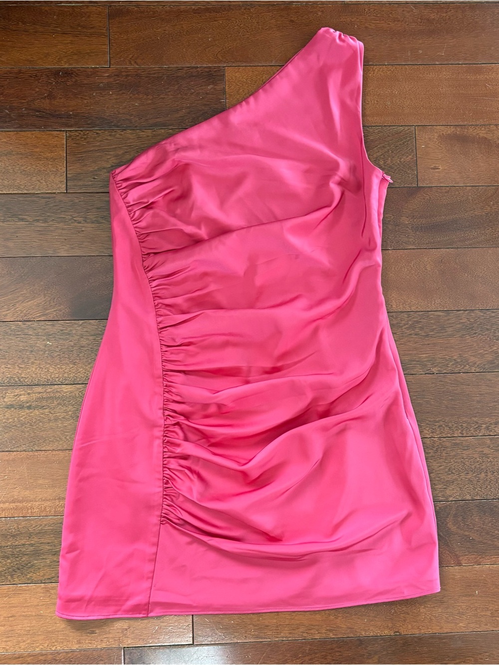 NBD Revolve Medium Ruched One Shoulder Satin Mini Dress Pink